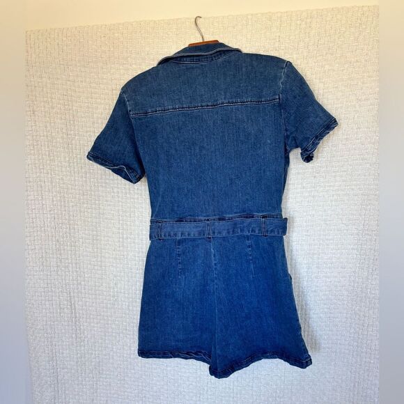 Denim Romper Zip Up Belted Short Jean Jumpsuit with Pockets ✨ - Picture 3 of 4